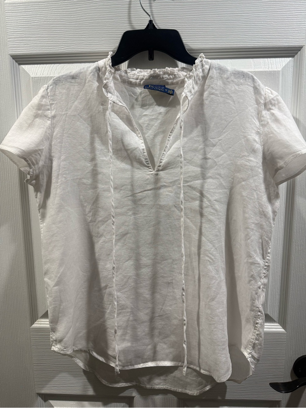 Polo Ralph Lauren Women's White 100% Linen Ruffle Collar Top